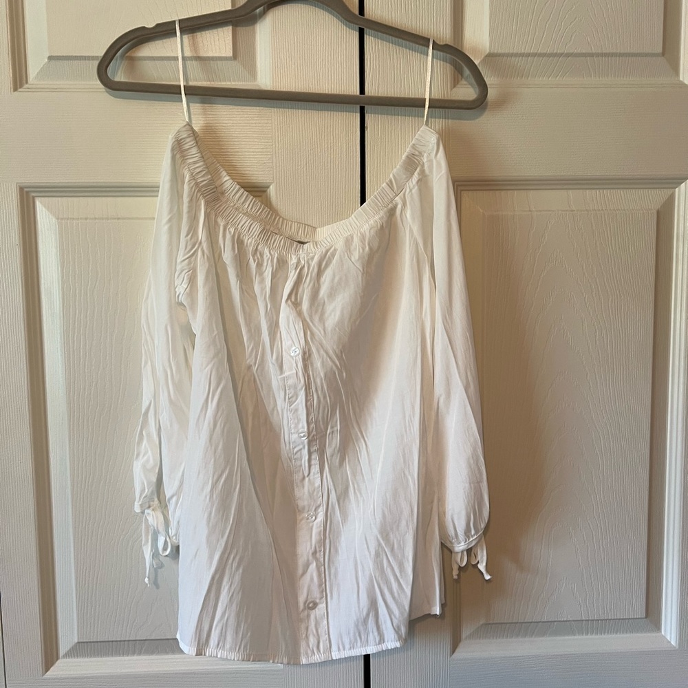 White off the shoulder button down top